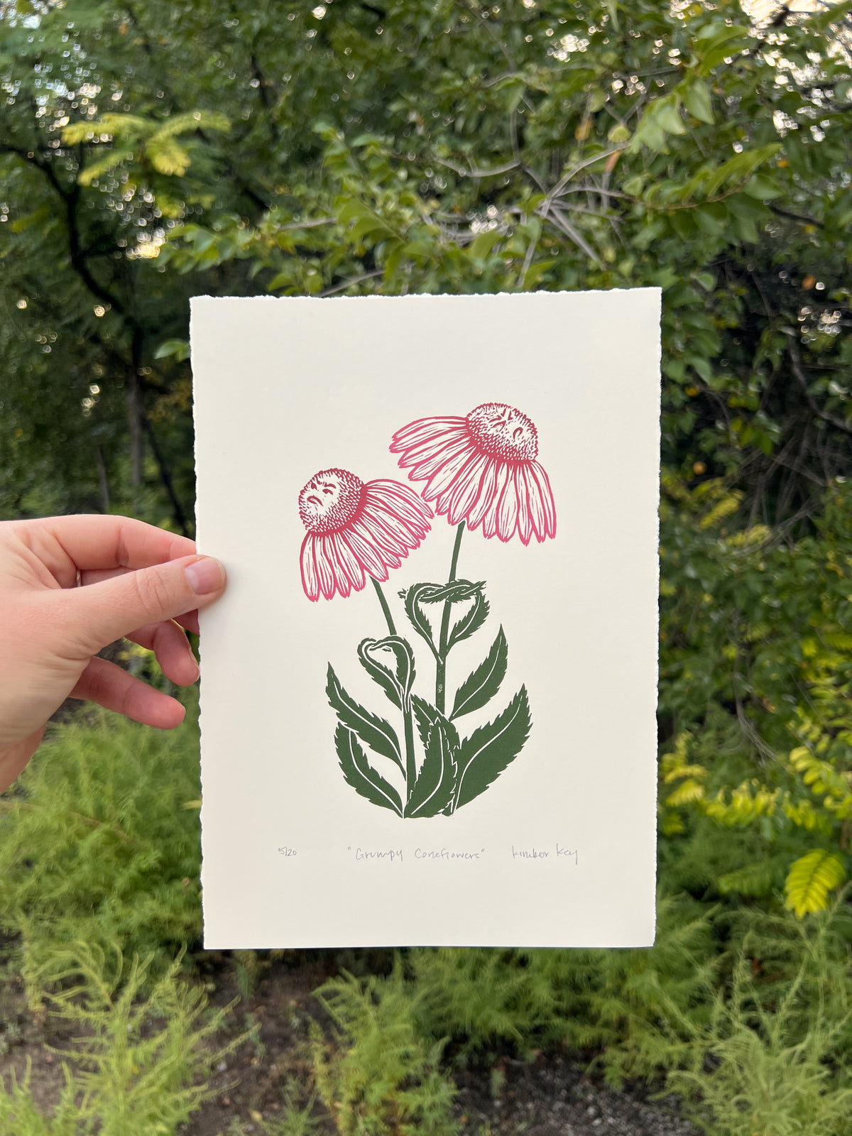 Grumpy Coneflowers Handmade Linocut Print