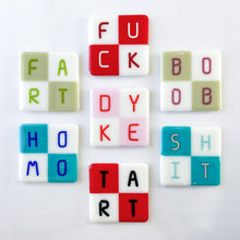 Load image into Gallery viewer, Handmade fused glass coasters with profanity designs, functional sweary art