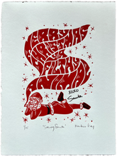 Load image into Gallery viewer, Saucy Santa Handmade Linocut print - Merry Christmas Ya Filthy Animal