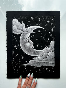 Sad Moon Handmade Linocut Print