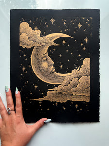 Sad Moon Handmade Linocut Print