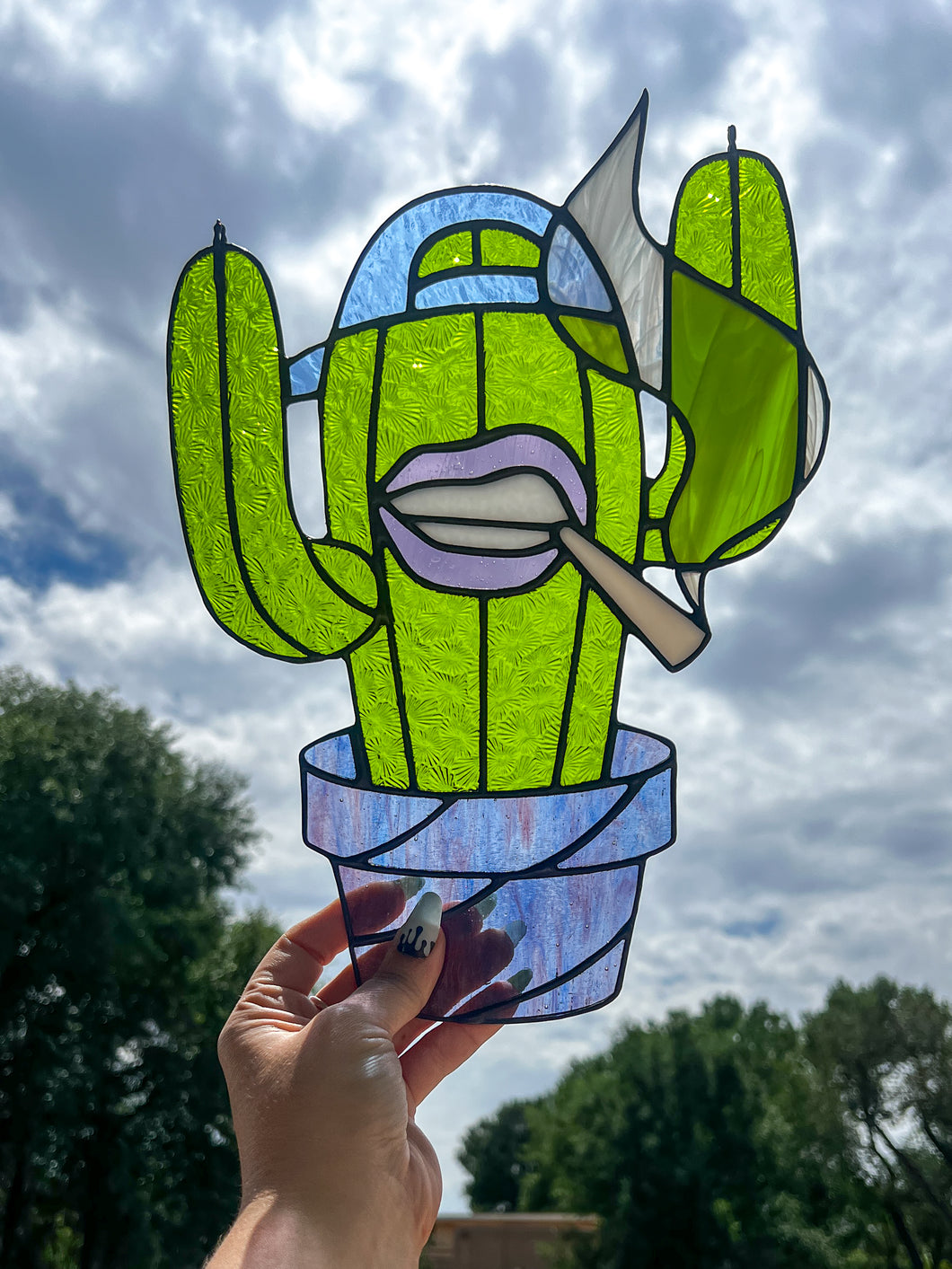 Cactus Punk Stained Glass - lime green with purple accents