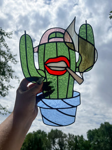 Cactus Punk Stained Glass - dark green with mauve and blue accents