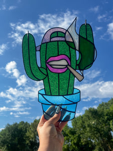 Cactus Punk Stained Glass - kelly green with pink and blue accents