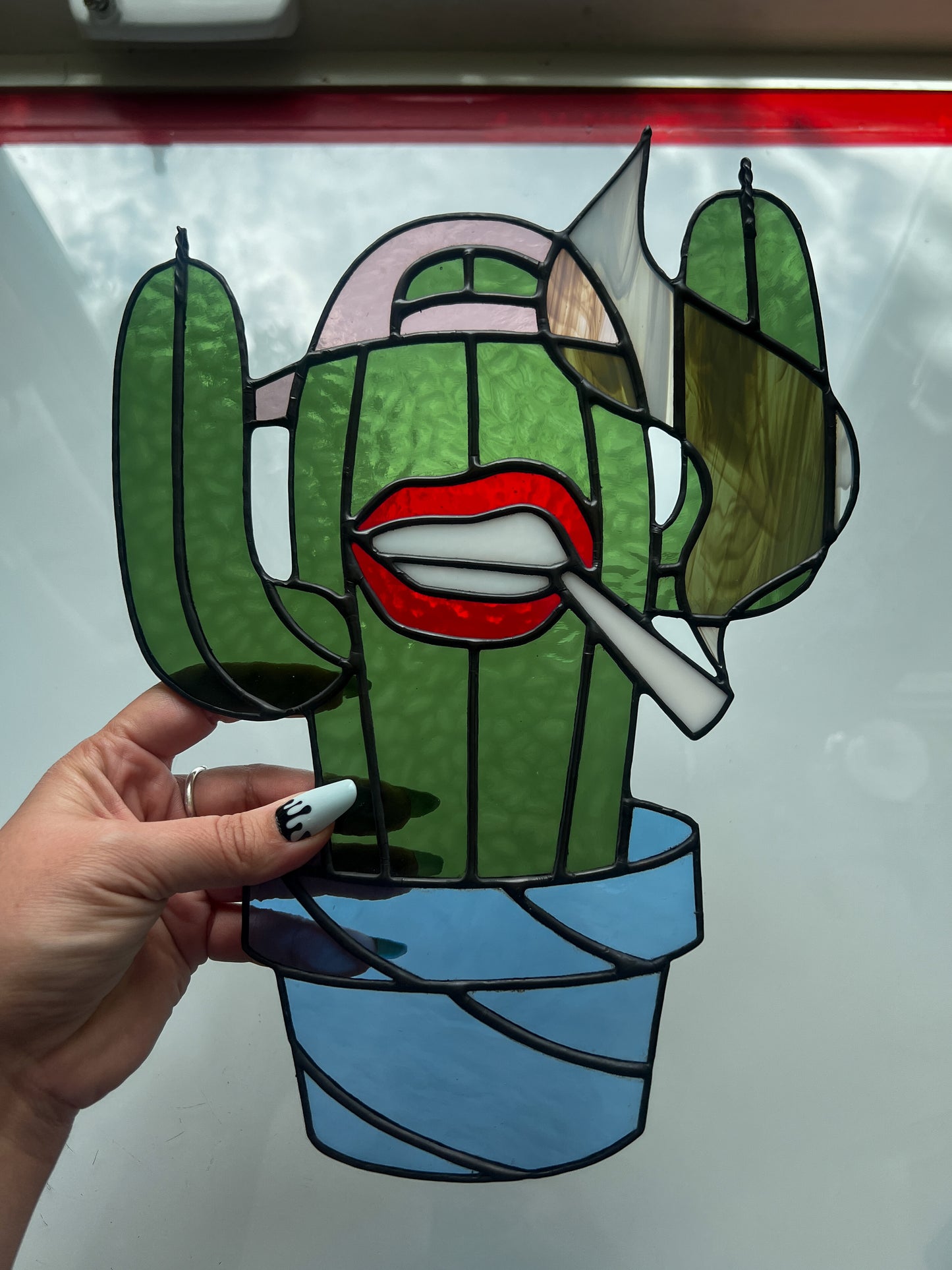 Cactus Punk Stained Glass - dark green with mauve and blue accents
