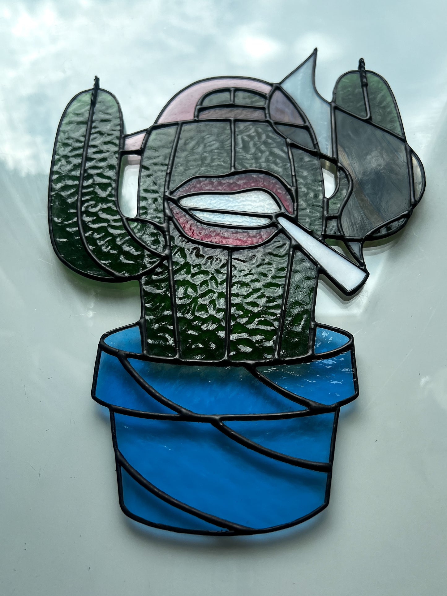 Cactus Punk Stained Glass - dark green with mauve and blue accents