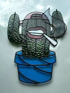 Cactus Punk Stained Glass - dark green with mauve and blue accents