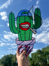 Load image into Gallery viewer, Cactus Punk Stained Glass - kelly green with blue and mauve accents
