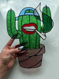 Cactus Punk Stained Glass - kelly green with blue and mauve accents