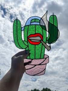 Cactus Punk Stained Glass - kelly green with blue and mauve accents