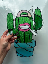 Load image into Gallery viewer, Cactus Punk Stained Glass - kelly green with pink and blue accents
