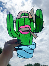 Load image into Gallery viewer, Cactus Punk Stained Glass - kelly green with pink and blue accents
