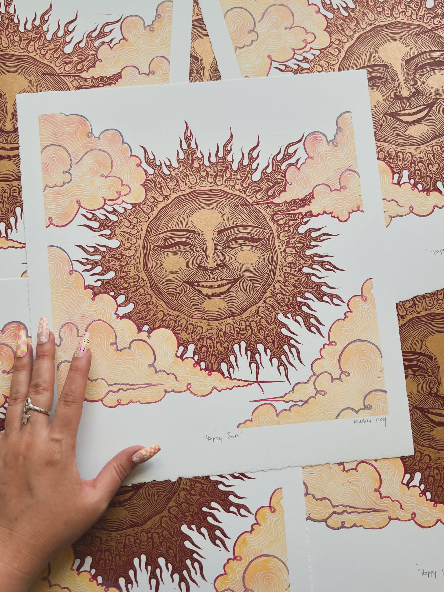 Happy Sun Handmade Linocut Print