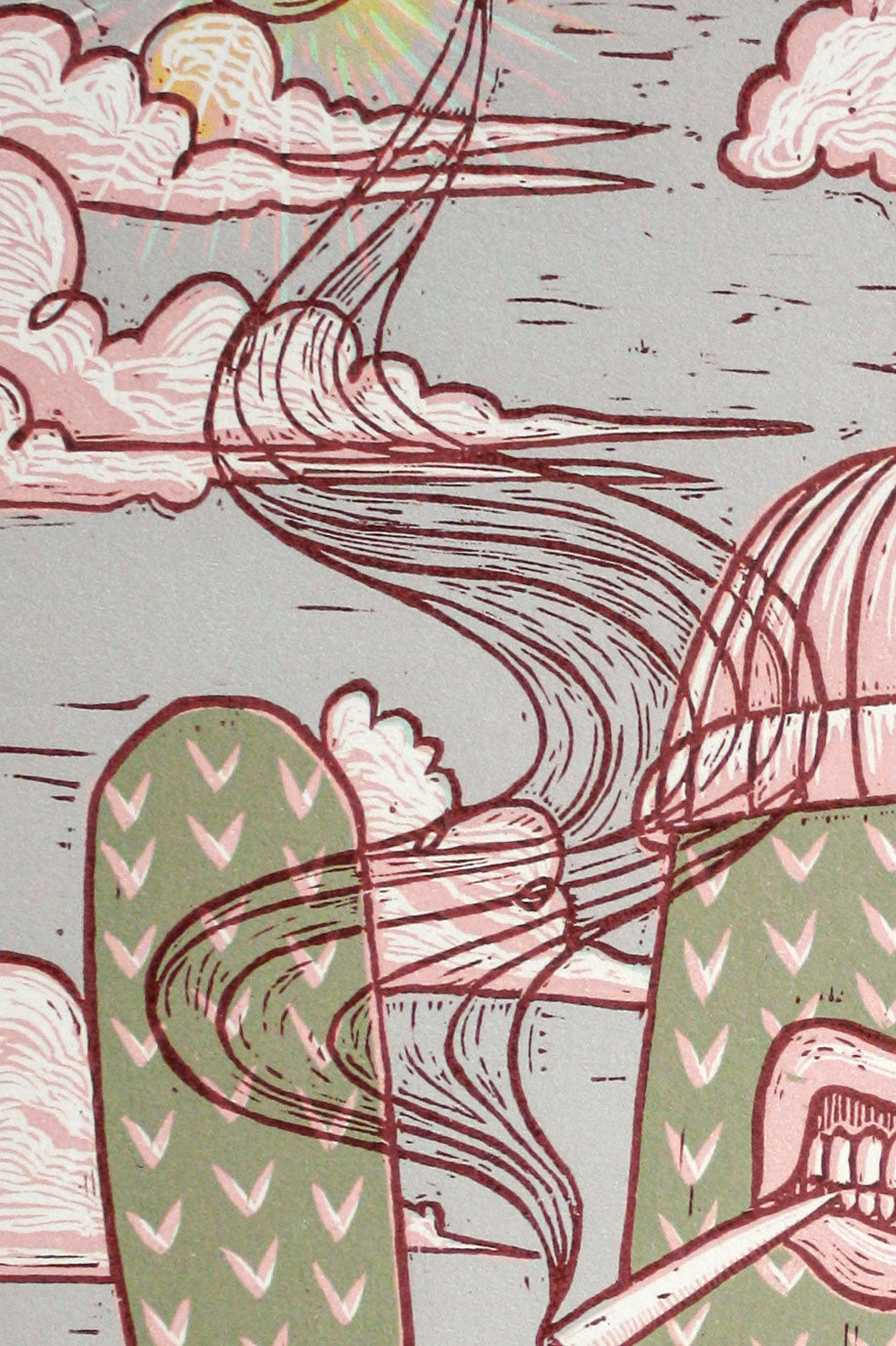 Large handmade woodcut print with desert landscape and southwestern motifs
