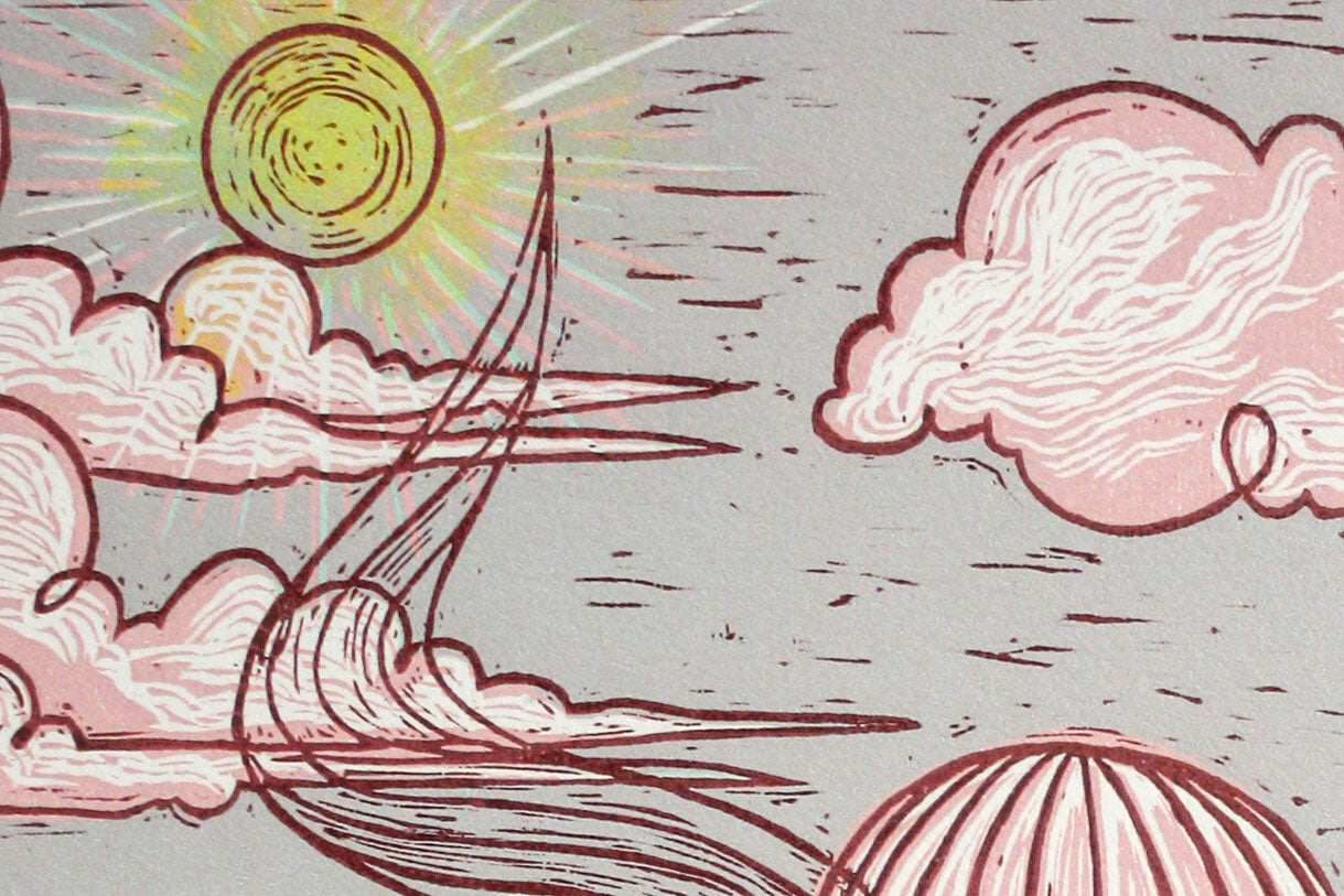 Large handmade woodcut print with desert landscape and southwestern motifs