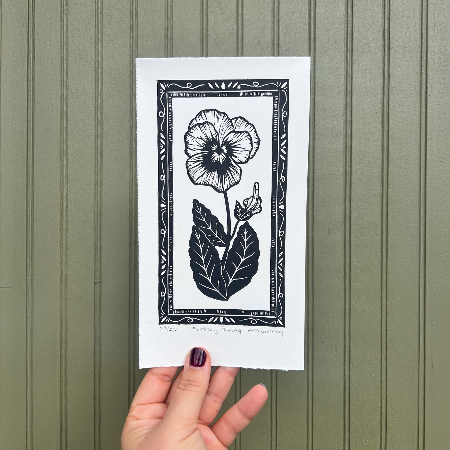 Handmade linocut print of a pansy flower with attitude, limited edition botanical art