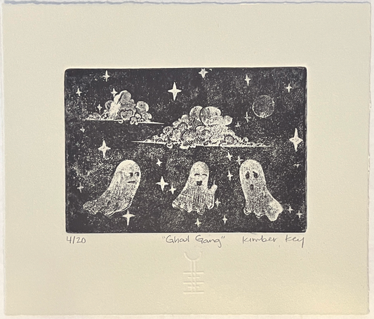 Limited edition handmade intaglio print featuring a group of cute ghost characters