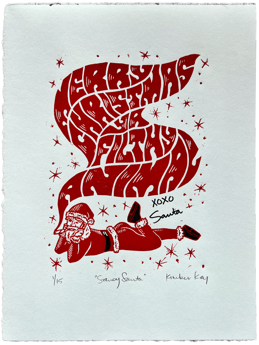 Saucy Santa Handmade Linocut print - Merry Christmas Ya Filthy Animal